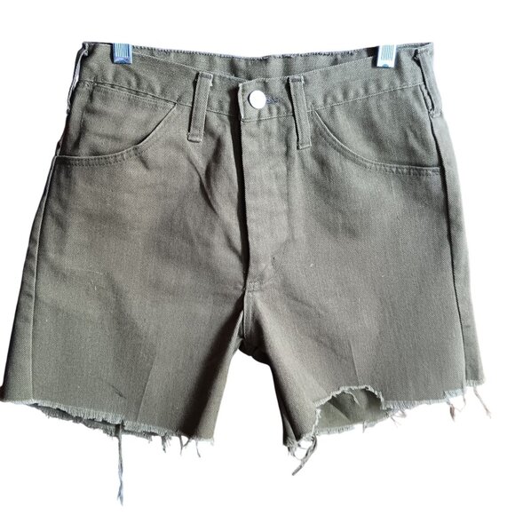 27" Vintage Maverick Olive Green Denim Cutoff Shorts Frayed Hem 1970's Hippy USA - Picture 2 of 9